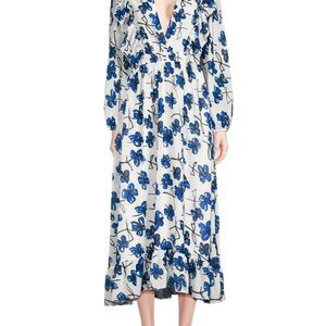 Area Stars from Saks 5th the Floral Blue and White Maxi Dress with long sleeves